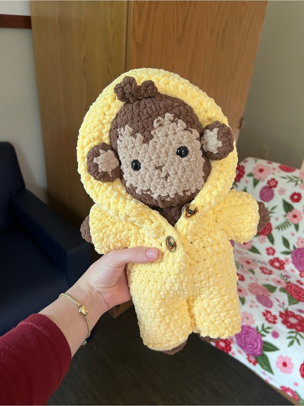 Crocheted Monkey in Yellow Hooded Outfit